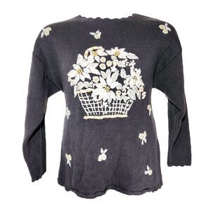 Kathie Lee Vintage 90's Embroidered Floral Basket Sweater L Cottagecore Cozy